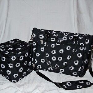 Pursetti Black/White Floral Insulated Lunch Bag Set 2pc Tote w/ Strap